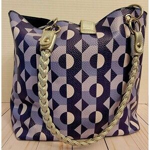 Reversible Blue & Silver Purse Geometric Pattern or Solid w/Silver Color Braided